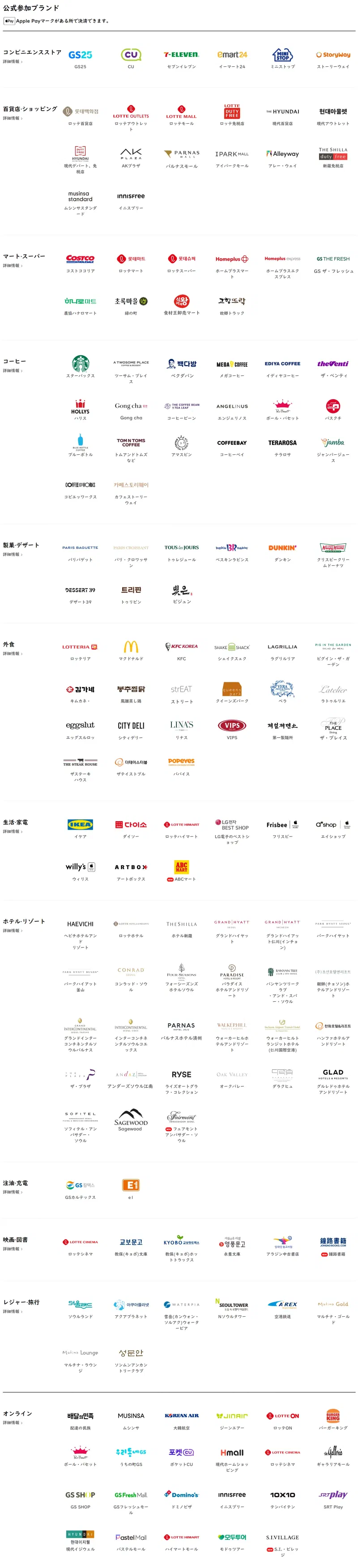 2023年8月3日現在、公式的に韓国でApple payが利用できる店舗