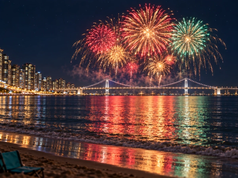 夜の海に架かる長い吊り橋のシルエットの上に、赤やオレンジ、金色の花火が大きく広がる様子