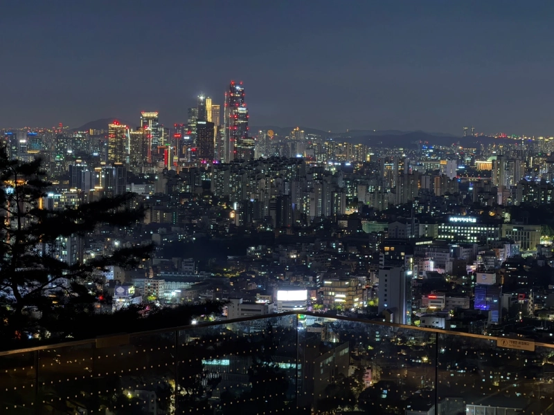 展望デッキから見渡す、高層ビルが連なるソウルの夜景
