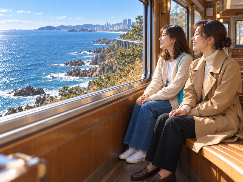 列車の大きな窓の向こうに広がる秋の青い海と、岩の多い海岸