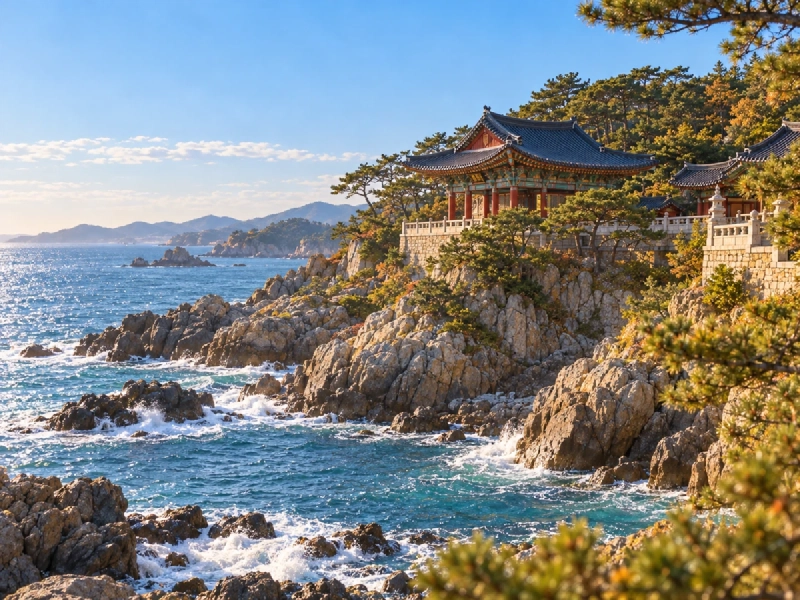 海に突き出した岩場の上に建つ、朱色の屋根の寺院と打ち寄せる波