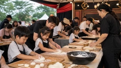 子どもたちがスタッフに教わりながら小麦粉の生地をこねている様子