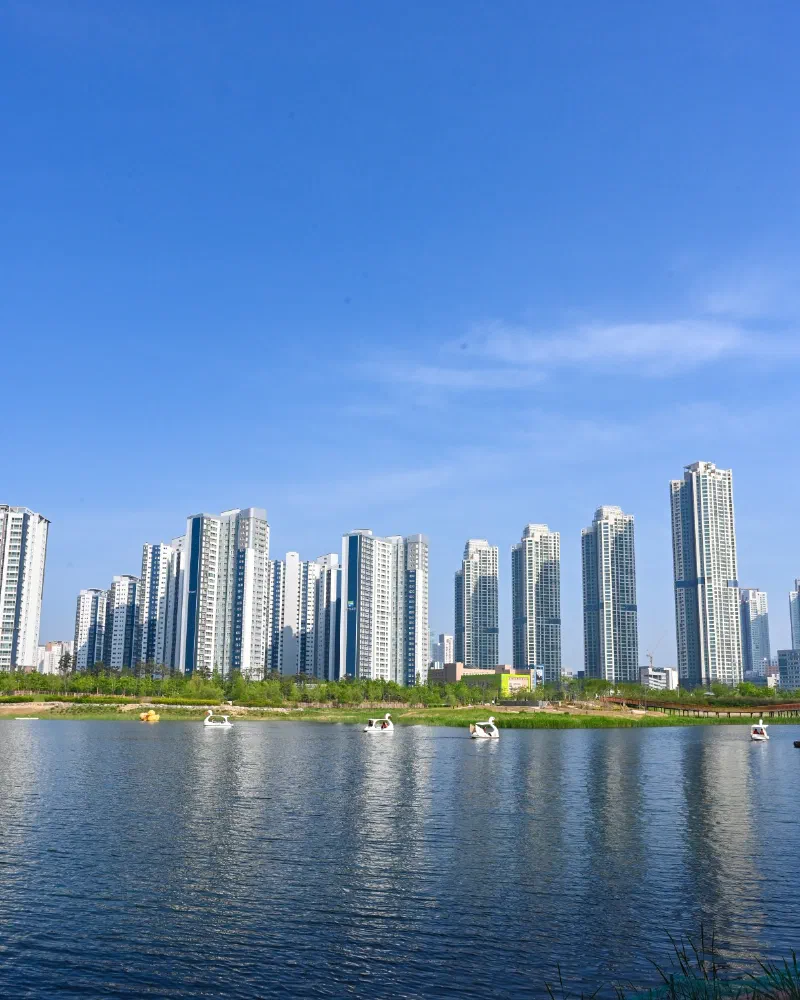 青羅湖水公園の遊歩道と湖を望むロケ地周辺の景色