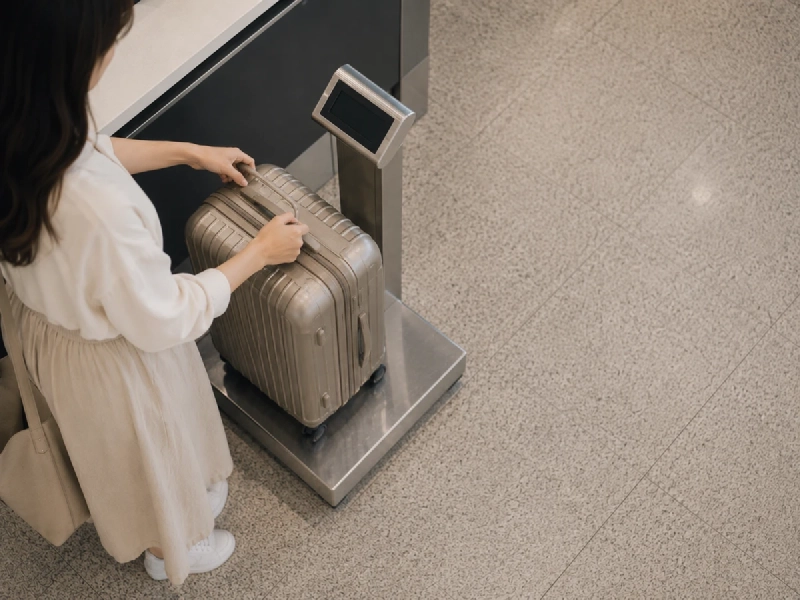空港のカウンター前でスーツケースの重さを確認する旅行者