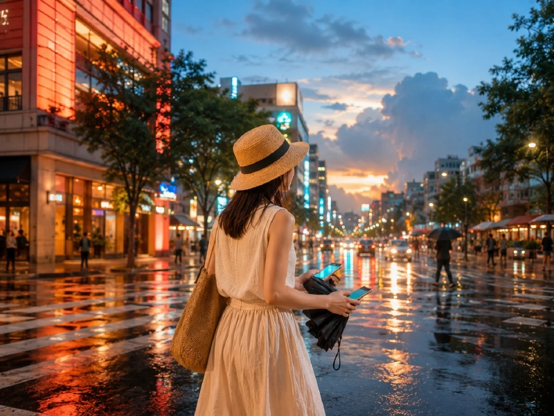 ソウル都心の夕方の街並み、雨上がりに広がるネオンと人通り