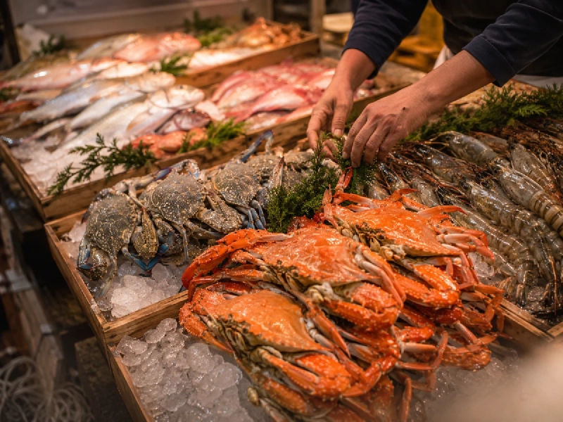 秋の魚市場の店先に並ぶ旬の魚介類とワタリガニ