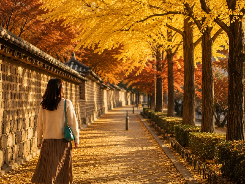 紅葉に彩られた韓国の秋の並木道を散策する旅行者