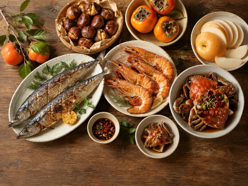 秋の韓国の食卓に並ぶ旬の海鮮と栗や柿などの実りの味覚