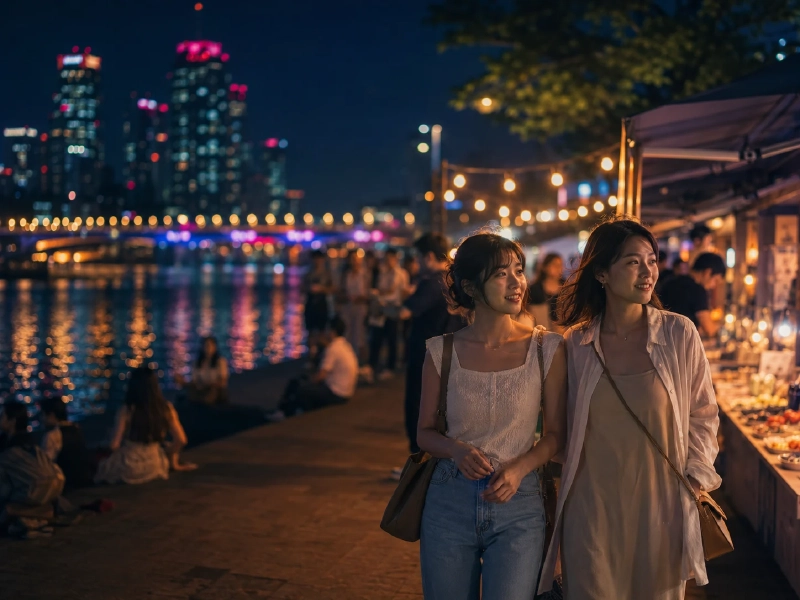 夜の漢江公園で開催される夏のナイトマーケットの様子