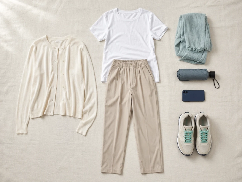 6月のソウル旅行向け服装コーデ（薄手カーディガン・アンクルパンツ・撥水スニーカー）の俯瞰