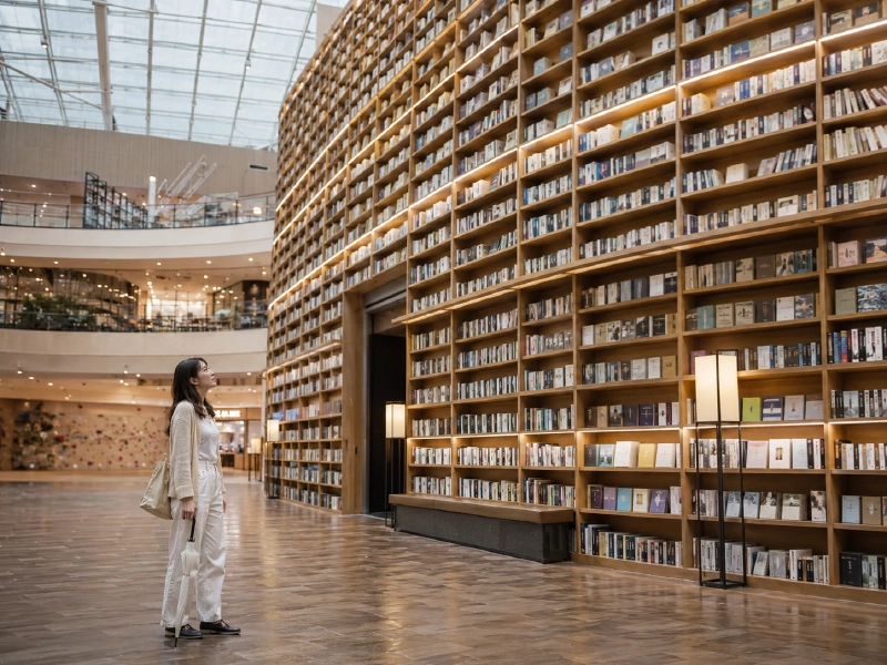 雨の日のCOEXスターフィールド図書館の巨大本棚と来館者