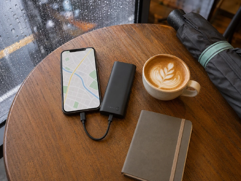 カフェのテーブルでスマートフォンの地図アプリとモバイルバッテリーを並べた俯瞰