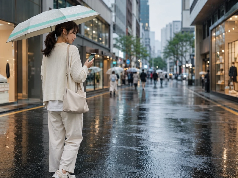 6月のソウル・明洞の雨上がりの街並みと傘を差す観光客