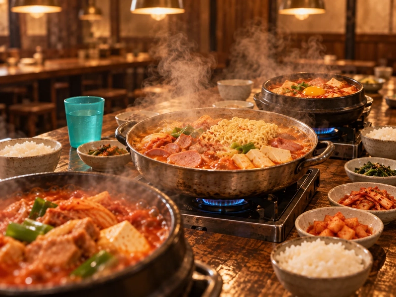 湯気の立つ赤いスープの鍋がいくつも並ぶ、温かな照明の食堂のテーブル