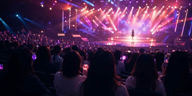 韓国の音楽番組のスタジオでステージを観覧するK-POPファンのイメージ