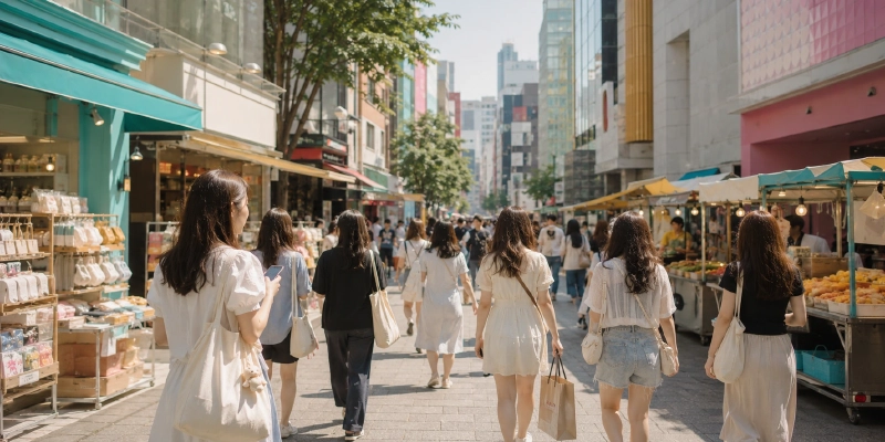 ソウルのグッズショップが集まる明洞エリアの賑やかな街並みのイメージ