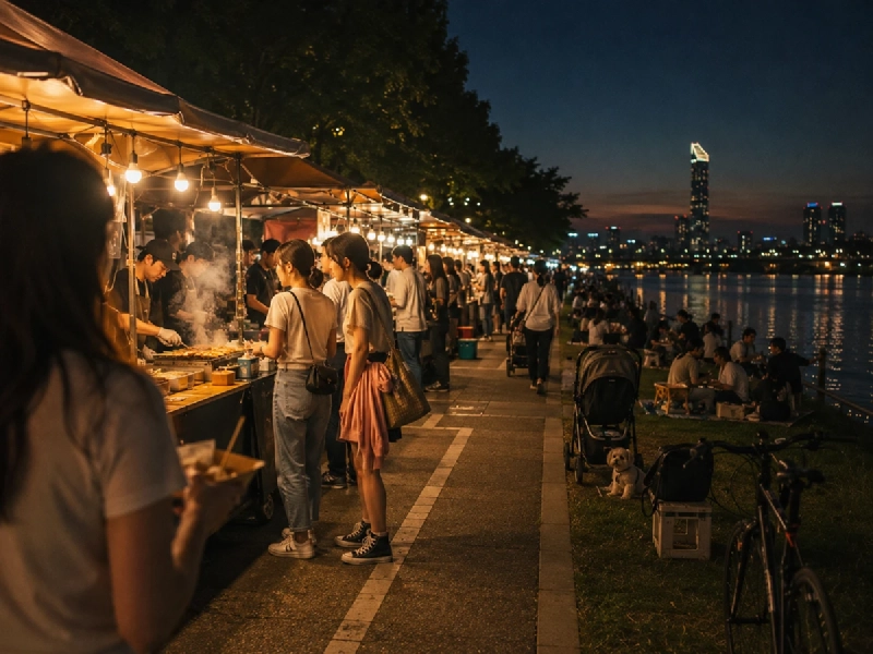夜の漢江公園で、川沿いに明かりがともるイメージ