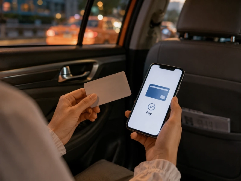 交通カードとスマートフォンを手に持ち、タクシー車内で決済しようとしている様子