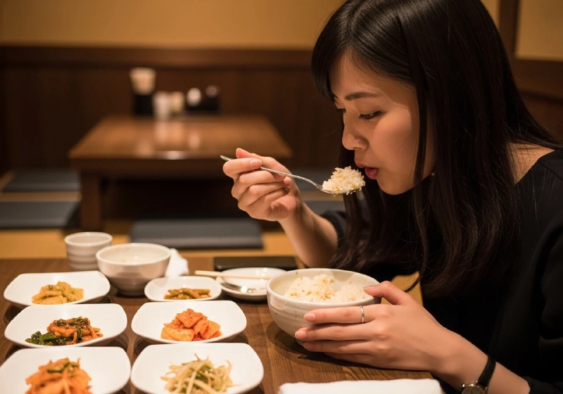 韓国の食事のセッティング ご飯とスープとおかず