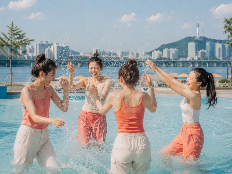 韓国の夏に共通する、漢江沿いの水遊び場で水しぶきをあげて遊ぶ人々のイメージ