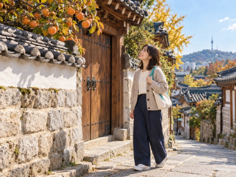 昼間の静かな韓屋の路地を、声を落として歩く旅行者のイメージ