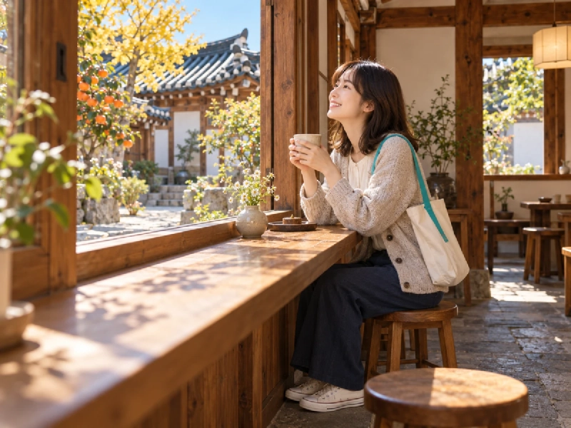 韓屋を改装したカフェの窓辺で、中庭を眺めながらひと休みする旅行者のイメージ