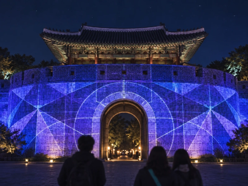韓国の城郭の石垣に、幾何学的な模様の映像が投影されている夜の風景イメージ